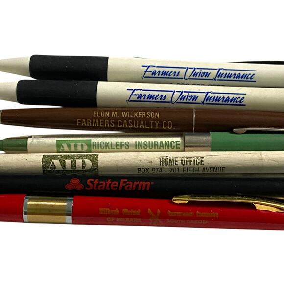 Vtg Lot 7 Insurance Pen Pencil USA Click Ballpoint Advertising Office Writing - Picture 1 of 12